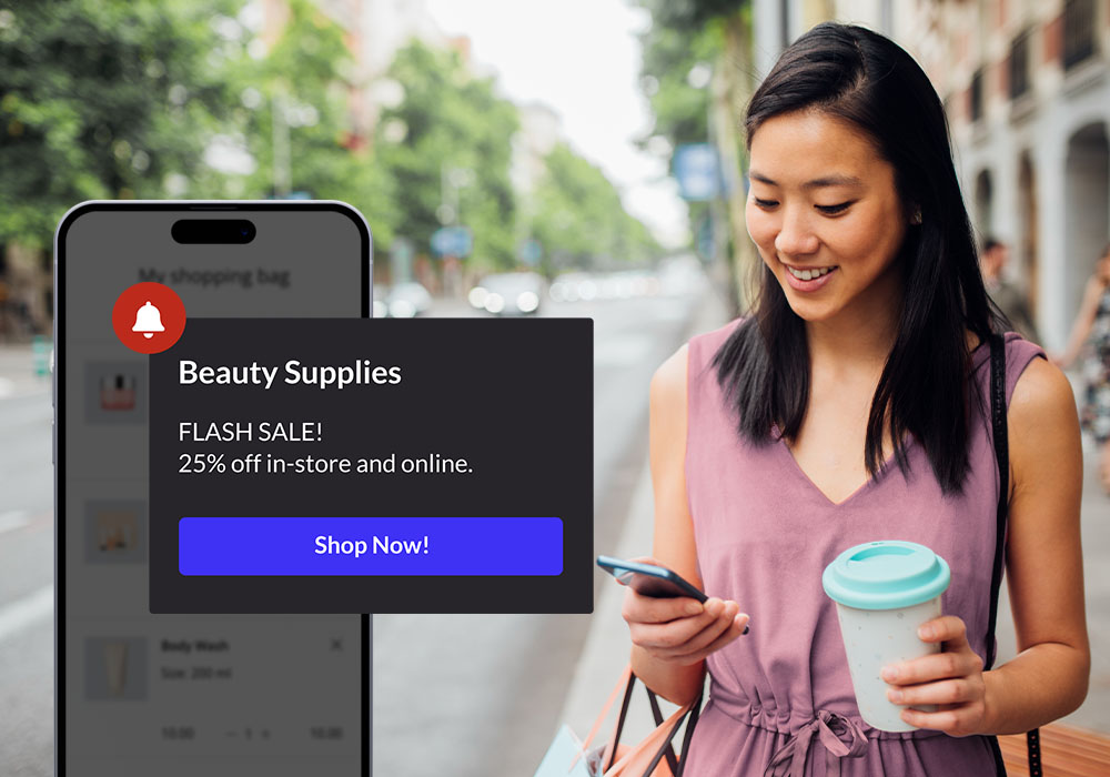 person holding phone, receiving notification from Beauty shop