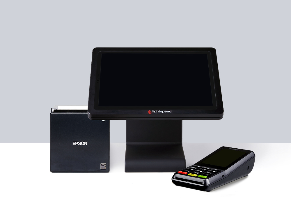 Sleek and sophisticated point of sale display with recipt printer and portable handheld payment device.