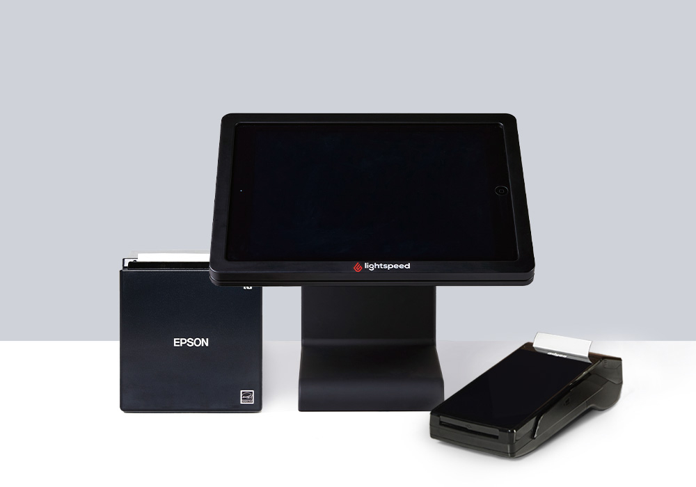 A black Lightspeed screen, a black payment terminal and black Epson ticket printer